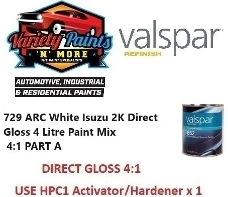 729 ARC White Isuzu 2K Direct Gloss 4 Litre Paint Mix 4:1 PART A