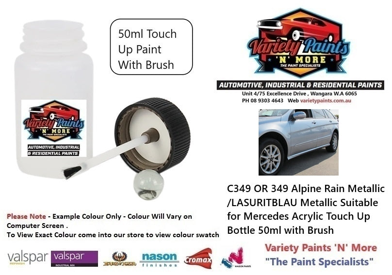 C349 OR 349 Alpine Rain Metallic /LASURITBLAU Metallic Suitable for Mercedes Acrylic Touch Up Bottle