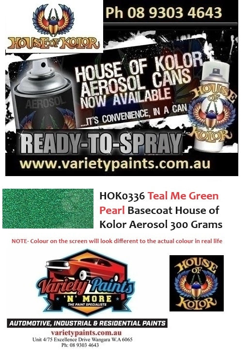 HOK0336 Teal Me Green Pearl Basecoat House of Kolor Aerosol 300 Grams