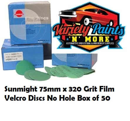 Sunmight 75mm x 320 Grit Film Velcro Discs No Hole Box of 50
