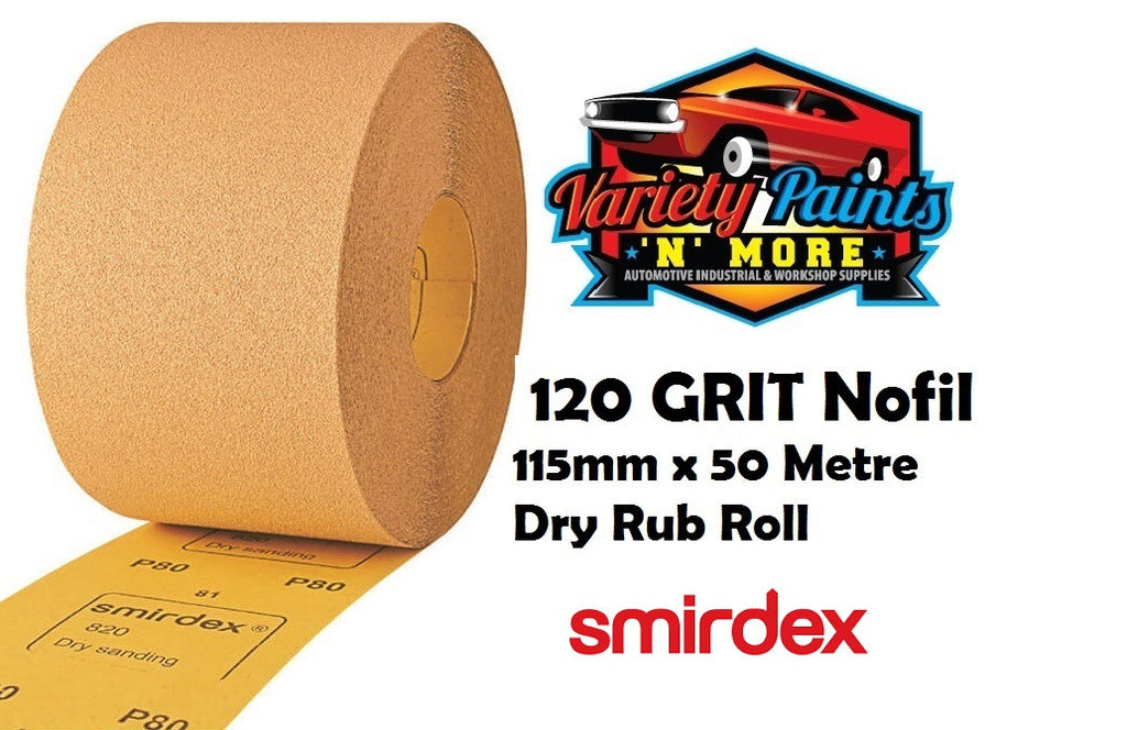 Smirdex Dry Rub Roll 115mm x 120 Grit x 50 Metres Sandpaper NOFIL SDRR120