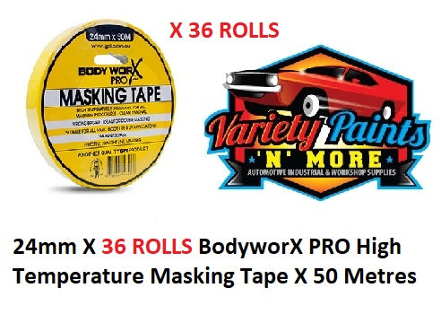 24mm x 36 ROLLS BodyworX PRO High Temperature Masking Tape X 50 Metres