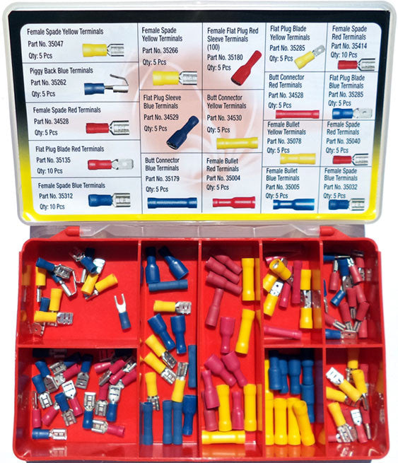 Torres Electrical Terminals Spade, Flat, Bullet, Butt Connector. 110 pieces per box.