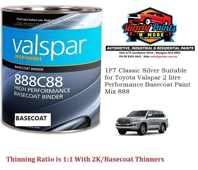 1F7 Classic Silver Suitable for Toyota Valspar 2 litre Performance Basecoat Paint Mix 888