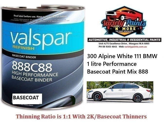 300 Alpine White 111 BMW 1 litre Performance Basecoat Paint Mix 888