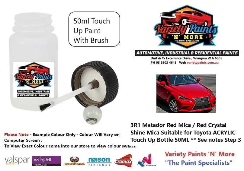 3R1 Matador Red Mica / Red Crystal Shine Mica Suitable for Toyota ACRYLIC Touch Up Bottle 50ML ** see notes step 3