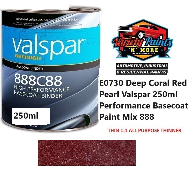 E0730 Deep Coral Red Pearl Valspar 250ml Performance Basecoat Paint Mix 888