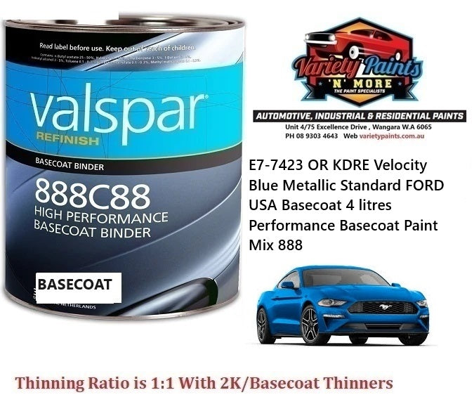 E7-7423 OR KDRE Velocity Blue Metallic Standard FORD USA Basecoat 4 litre Performance Basecoat Paint Mix 888