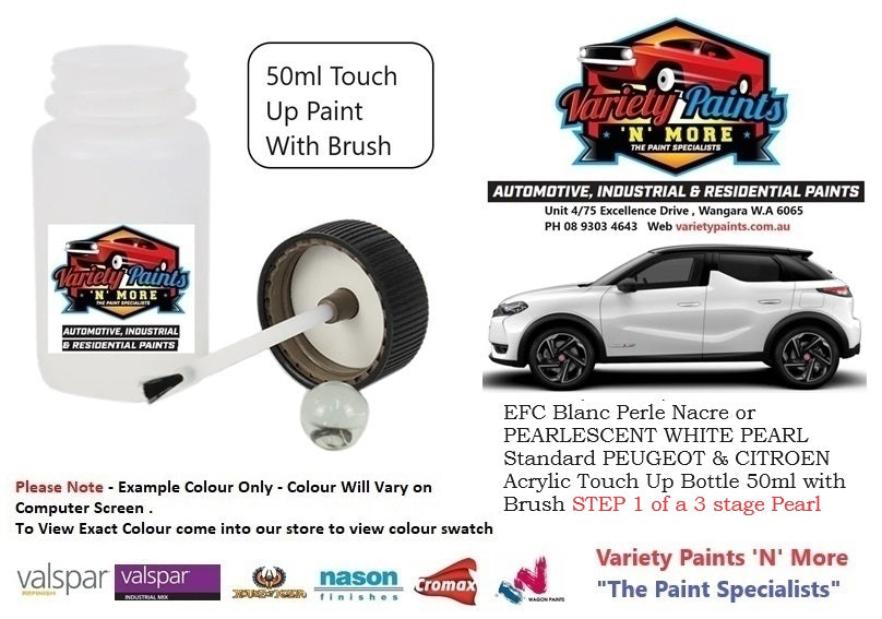 EFC Blanc Perle Nacre or PEARLESCENT WHITE PEARL Standard PEUGEOT & CITROEN Acrylic Touch Up Bottle 50ml with Brush STEP 1