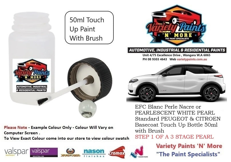 EFC Blanc Perle Nacre or PEARLESCENT WHITE PEARL Standard PEUGEOT & CITROEN Basecoat Touch Up Bottle 50ml with Brush STEP 1