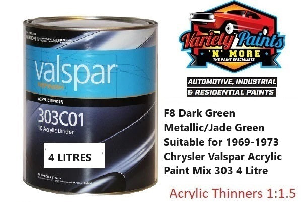 F8 Dark Green Metallic/Jade Green Suitable for 1969-1973 Chrysler Valspar Acrylic Paint Mix 303 4 Litre