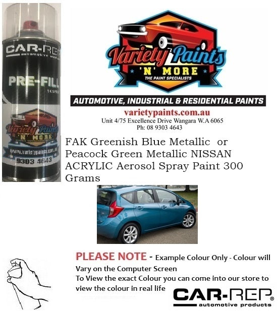 FAK Greenish Blue Metallic  or Peacock Green Metallic NISSAN ACRYLIC Aerosol Spray Paint 300 Grams