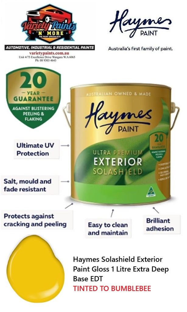 Haymes Solashield Exterior Paint Gloss 1 Litre Extra Deep Base EDT TINTED TO BUMBLEBEE
