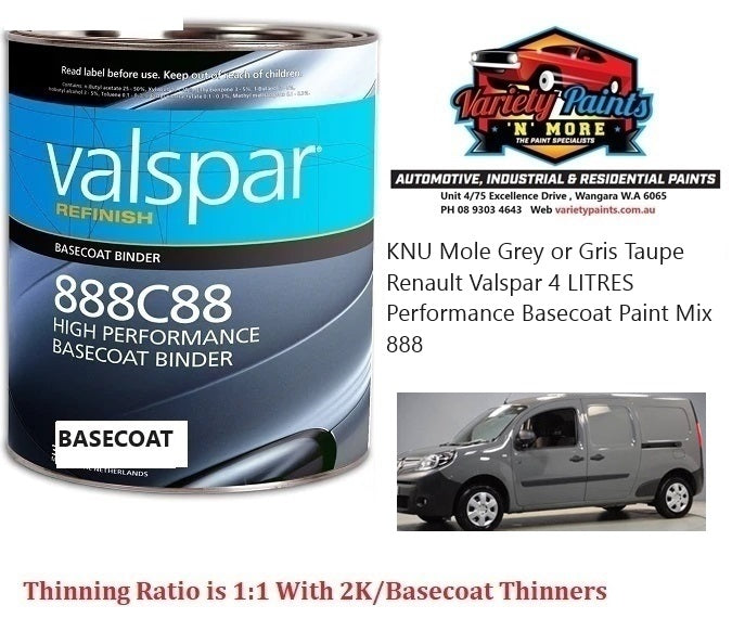 KNU Mole Grey or Gris Taupe Renault Valspar 4 LITRES  Performance Basecoat Paint Mix 888