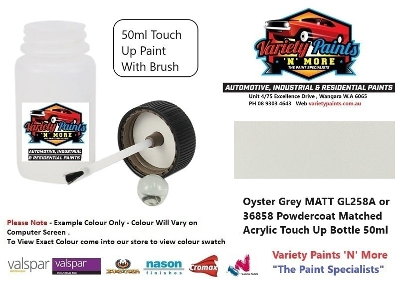 Oyster Grey MATT GL258A or 36858 Powdercoat Matched Acrylic Touch Up Bottle 50ml