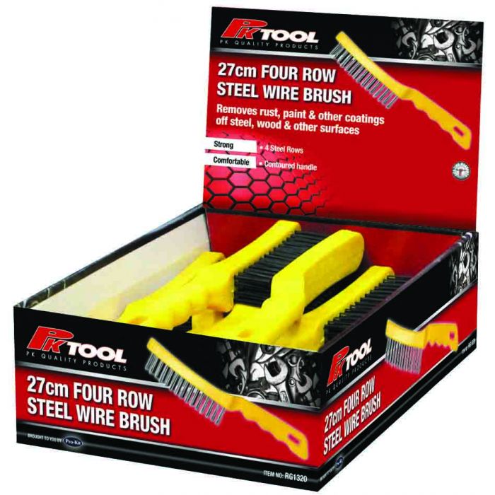PKTool Wire Brush  4 Row Plastic Yellow Handle BOX OF 12 UNITS