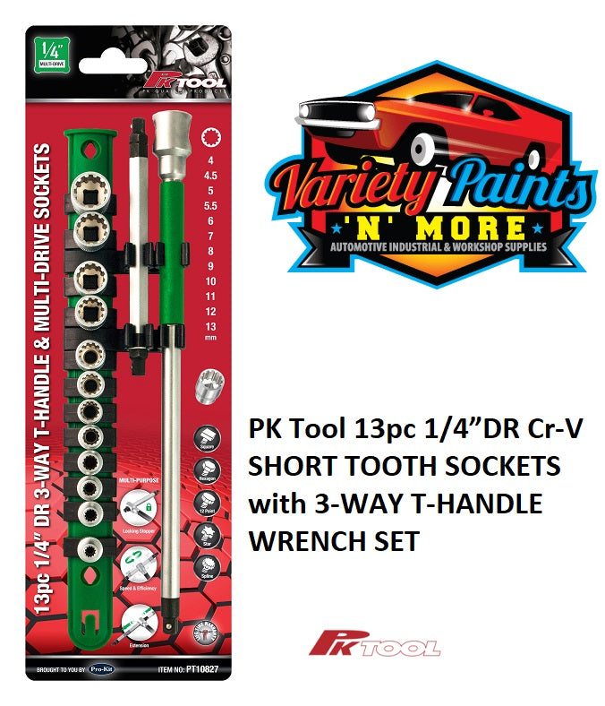 PKTool 13pc 1/4”DR Cr-V SHORT TOOTH SOCKETS with 3-WAY T-HANDLE WRENCH SET