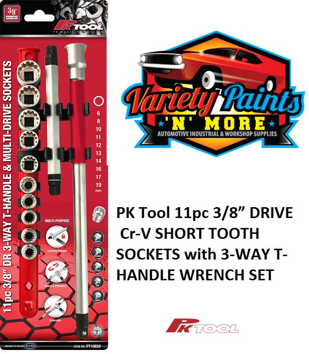 PKTool 11pc 3/8” DR Cr-V SHORT TOOTH SOCKETS with 3-WAY T-HANDLE WRENCH SET
