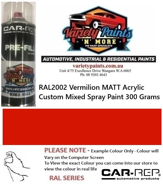 RAL2002 Vermilion Matt Acrylic Custom Mixed Spray Paint 300 Grams