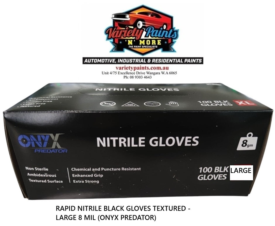 RAPID NITRILE BLACK GLOVES TEXTURED - LARGE 8 MIL (ONYX PREDATOR)