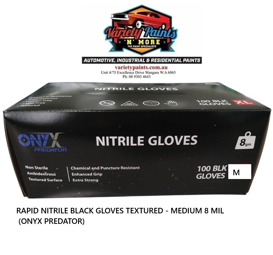 RAPID NITRILE BLACK GLOVES TEXTURED - MEDIUM 8 MIL (ONYX PREDATOR)