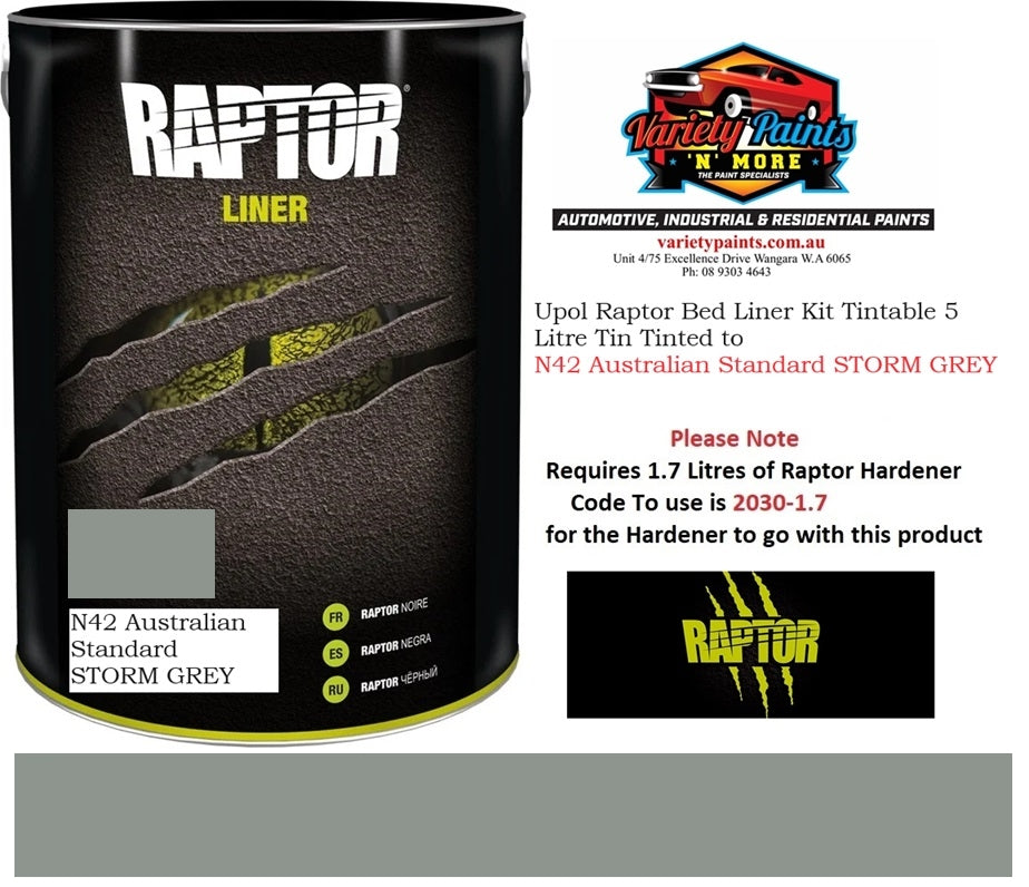 Upol Raptor Bed Liner Kit Tintable 5 Litre Tin Tinted to  N42 Australian Standard STORM GREY