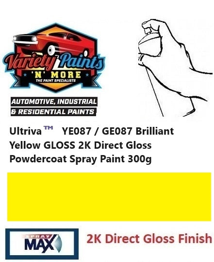Ultriva™  YE087 / GE087 Brilliant Yellow GLOSS 2K Direct Gloss  Powdercoat Matched Spray Paint 300 Grams