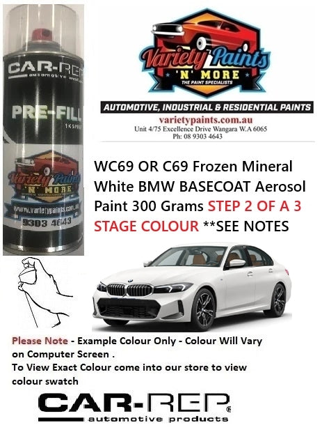 WC69 OR C69 Frozen Mineral White BMW BASECOAT Aerosol Paint 300 Grams STEP 2 OF A 3 STAGE COLOUR **SEE NOTES