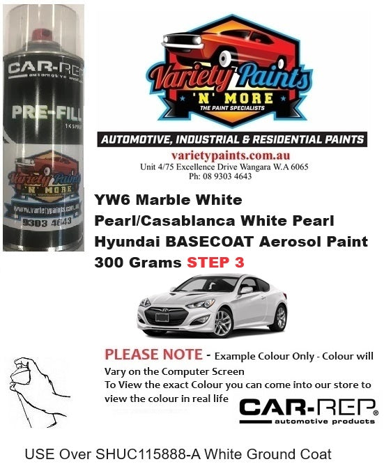 YW6 Marble White Pearl/Casablanca White Pearl Hyundai BASECOAT Aerosol Paint 300 Grams STEP 3 ** SEE NOTES