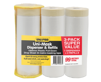 UNI-PRO Hand Masking 3 PACK Dispenser and Refill 1.8 metre drop (99 Metres Total)
