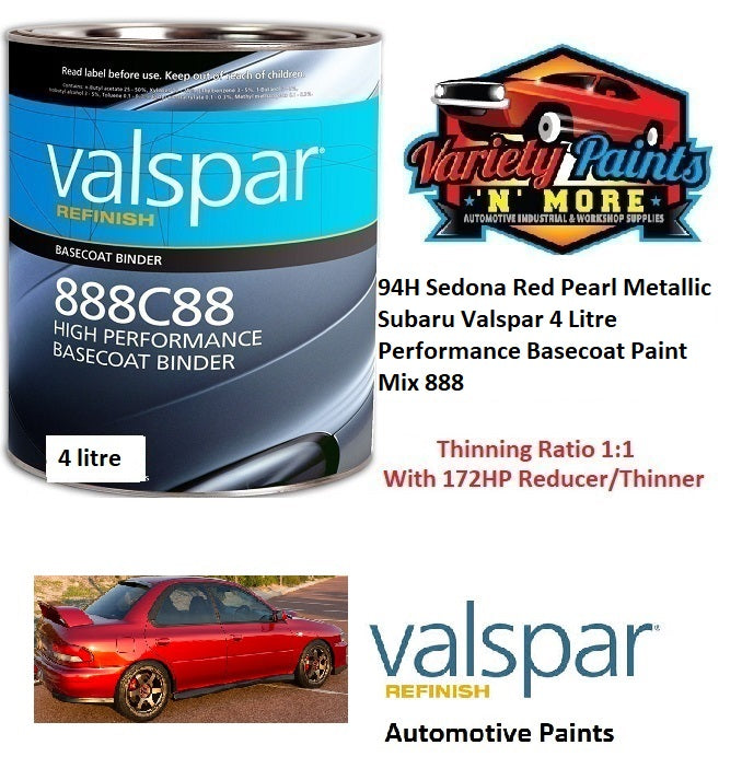 94H Sedona Red Pearl Metallic Subaru Valspar 4 Litre Group 2 Performance Basecoat Paint Mix 888