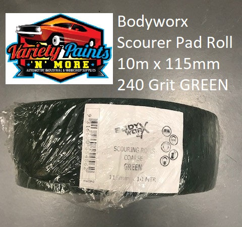 Bodyworx Scourer Pad Roll 10m x 115mm 240 Grit GREEN (SCOTCHPAD)