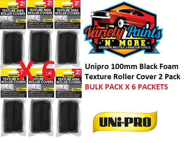 Unipro 100mm Black Foam Texture Roller Cover 2 Pack BULK PACK X 6 PACKETS