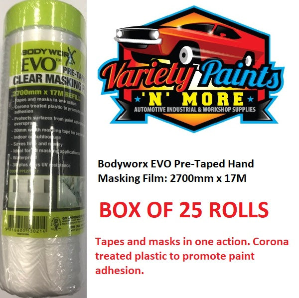 Bodyworx EVO Pre-Taped Hand Masking Film: 2700mm x 17M BOX OF 25 UNITS Refills