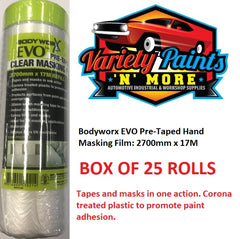 Bodyworx EVO Pre-Taped Hand Masking Film: 2700mm x 17M BOX OF 25 UNITS Refills