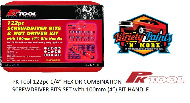 PKTool 122pc 1/4” HEX DR COMBINATION SCREWDRIVER BITS SET with 100mm (4”) BIT HANDLE