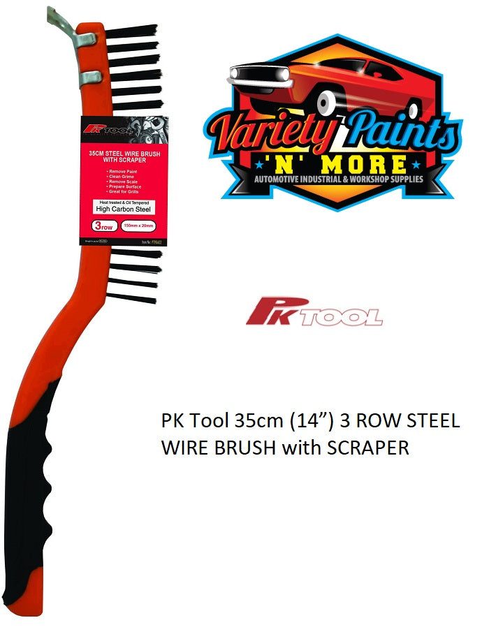 PKTool 35cm (14”) 3 ROW STEEL WIRE BRUSH with SCRAPER
