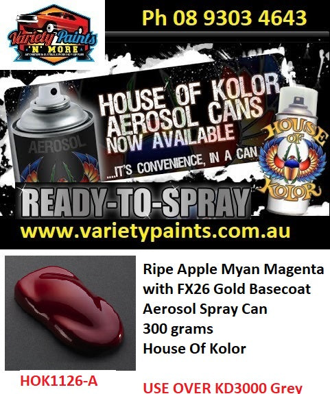 Ripe Apple Myan Magenta with FX26 Gold Basecoat Aerosol Spray Can 300 grams House Of Kolor HOK1126