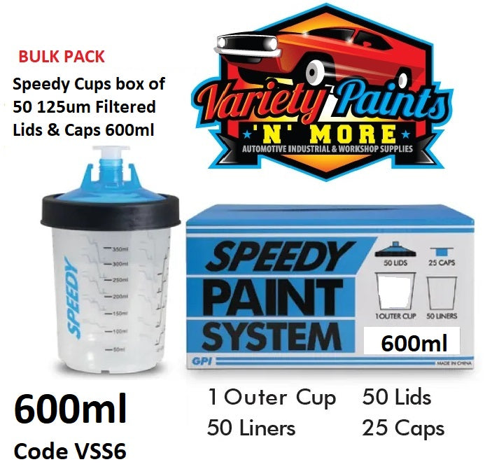 Speedy Cups box of 50 125um Filtered Lids & Caps 650ml Solvent