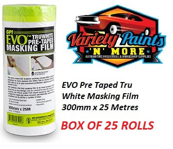 EVO Pre Taped Tru White Masking Film 300mm x 25 Metres BOX OF 25 UNITS