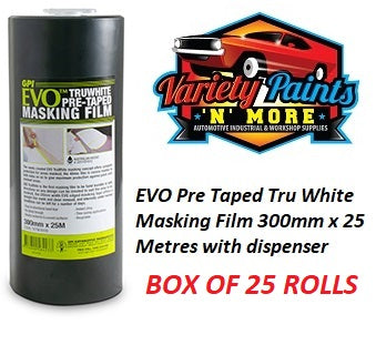 EVO Pre Taped Tru White Masking Film 300mm x 25 Metres WITH Dispenser BOX OF 25