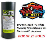 EVO Pre Taped Tru White Masking Film 300mm x 25 Metres WITH Dispenser BOX OF 25