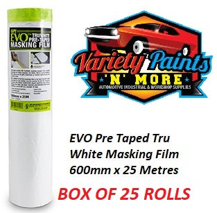 EVO Pre Taped Tru White Masking Film 600mm x 25 Metres BOX OF 25 ROLLS 