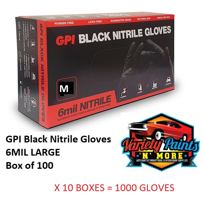 GPI Black Nitrile Gloves 6MIL Medium Box of 100 X BOX 10