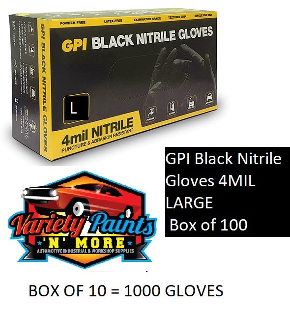 GPI Black Nitrile Gloves 4MIL Large Box of 100 BOX OF 10