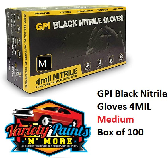 GPI Black Nitrile Gloves 4MIL Medium Box of 100