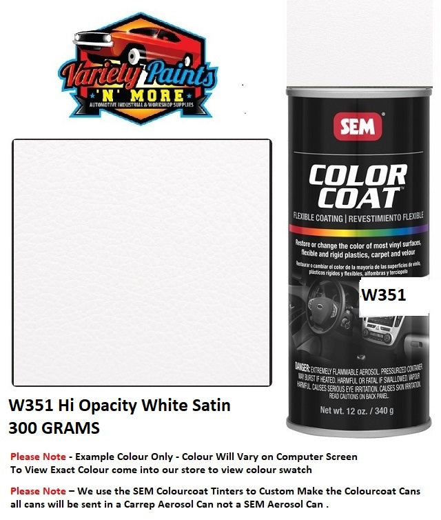 W351 Hi Opacity White Satin SEM Colourcoat Vinyl Aerosol 300 Grams