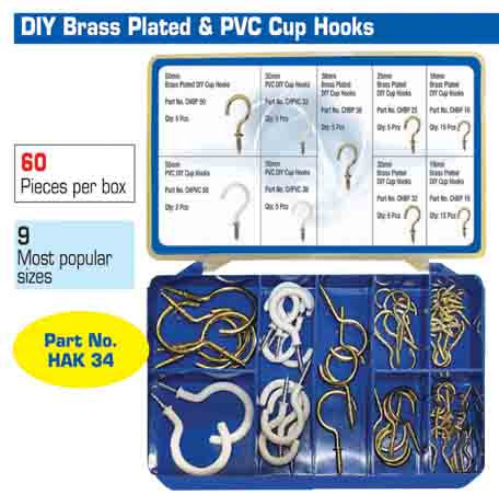 Torres Assorted DIY Brass Plated /PVC Cup Hooks 60 Pieces